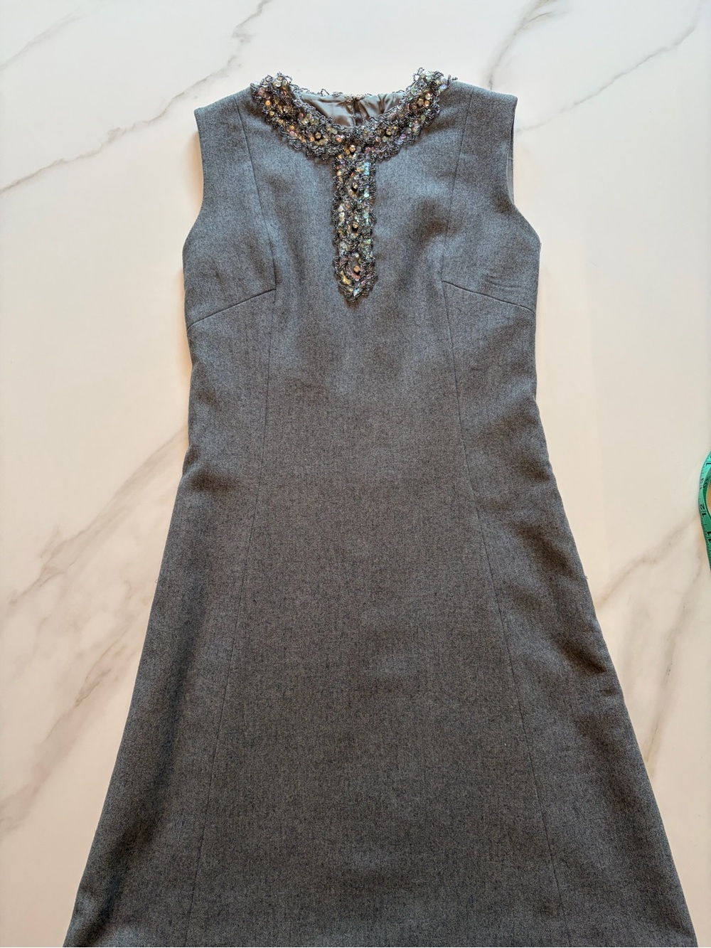 Embellished Neck Sleeveless Gray Sheath dress. Vintage custom made 1960’s